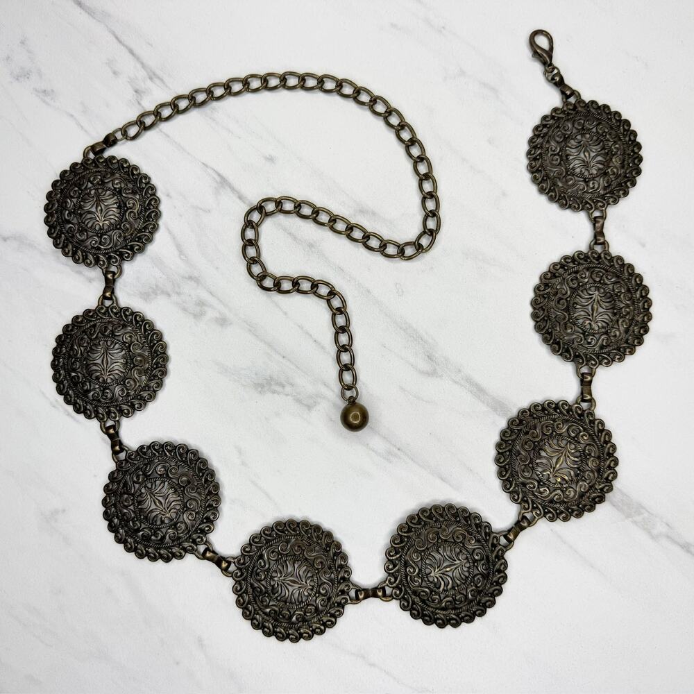 Filigree Medallion Chain Belt Antique Gold Tone Boho Western One Size (OS) ✨